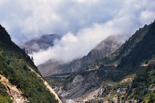 Stunning aerial view of Kedarnath Valley with majestic mountains and swirling clouds.